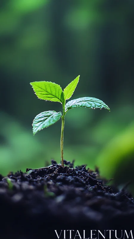 Young green seedling rises sharply from dark fertile soil
