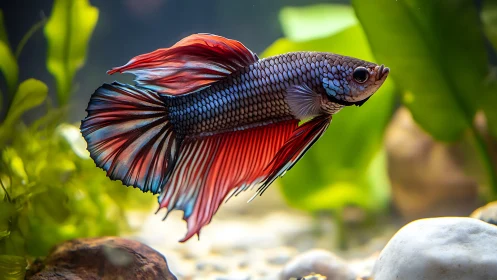 Vibrant betta fish glides through a softly lit aquarium