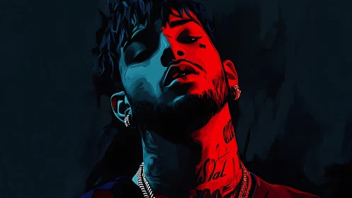 Neon-lit rapper portrait drenched in crimson and midnight blues.