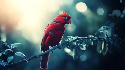 Vibrant Red Cardinal on Branch in Soft Sunlight, Artistic Nature Photo.