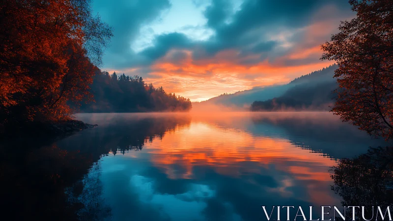 Spectral sunrise reflection across misted forest lake basin.