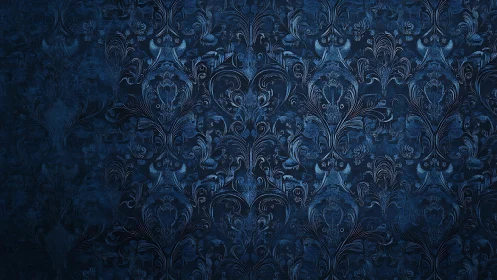 Midnight blue damask wallpaper glows with quiet elegance