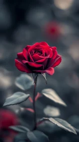 Deep Crimson Rose Strikes Solitude in Muted Garden Theater