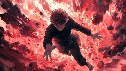 Anime hero dives through explosive crimson energy storm.