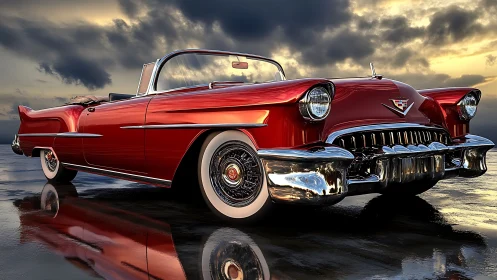 Gleaming red classic convertible glowing under sunset clouds.