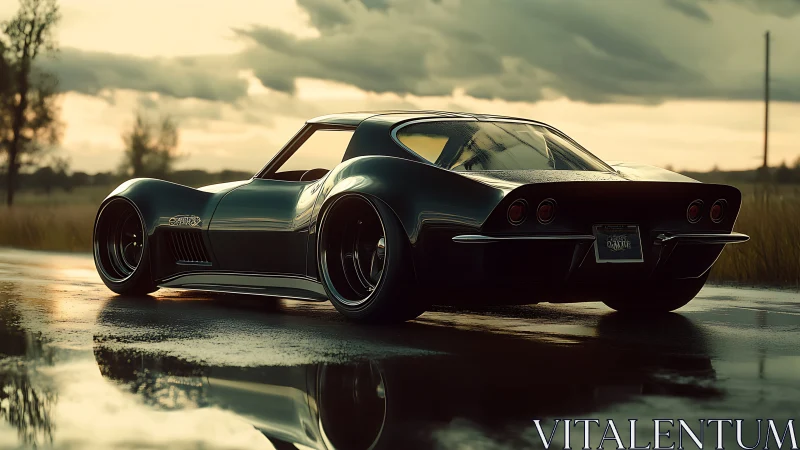 Custom classic muscle car rendered in moody photoreal sunset