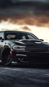 Midnight muscle sedan prowls beneath stormlit horizon.