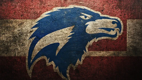 Grunge style blue hawk mascot on red and white banner