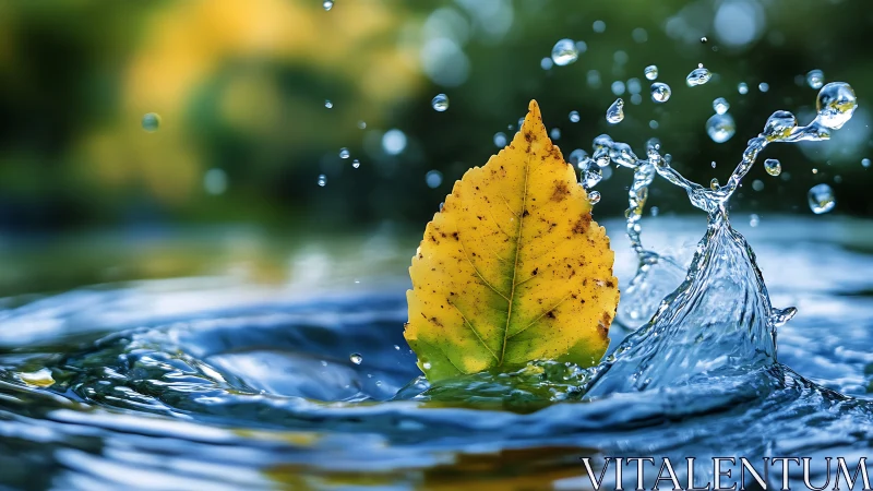 Yellow leaf cuts through blue water splash in sharp focus.