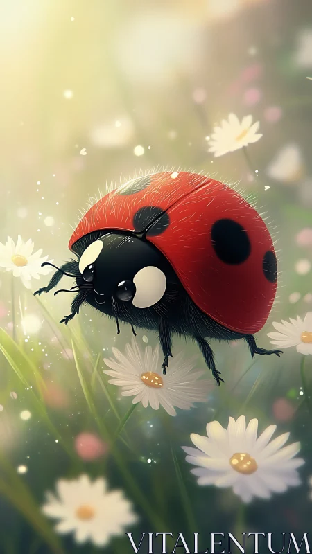 Ladybug illustration on daisies in soft spring light.