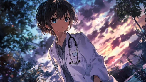 Young anime doctor in white coat under vivid sunset sky.