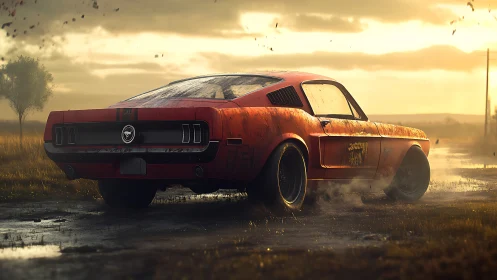 Weathered muscle car rendered in cinematic backlit wet-road scene