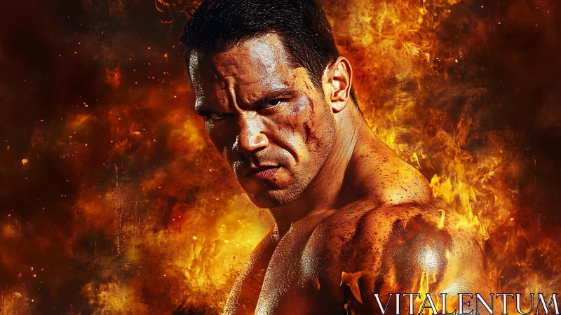Warrior emerges from blazing inferno with steel focus.