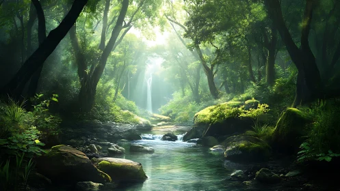 Verdant Forest Stream: Luminous Digital Landscape.