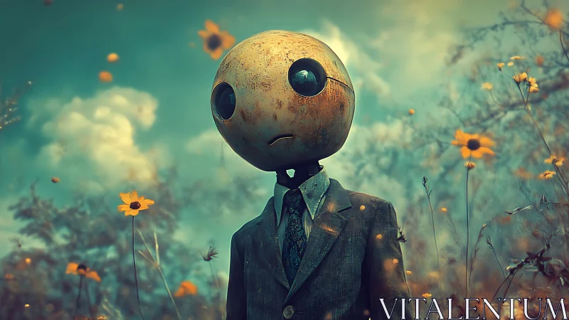 Surreal suited robot with round head in wildflower meadow.