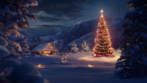 Snowy alpine clearing crowned by glowing Christmas tree.