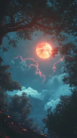 Crimson moon rises above a dreamlike enchanted forest sky