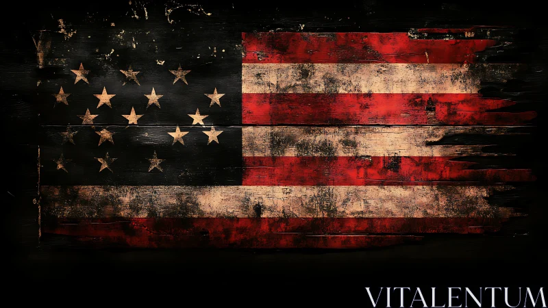 Distressed American flag painted on dark weathered wooden planks