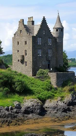 Scottish Castle Tower Stands Waterside Among Lush Highlands.