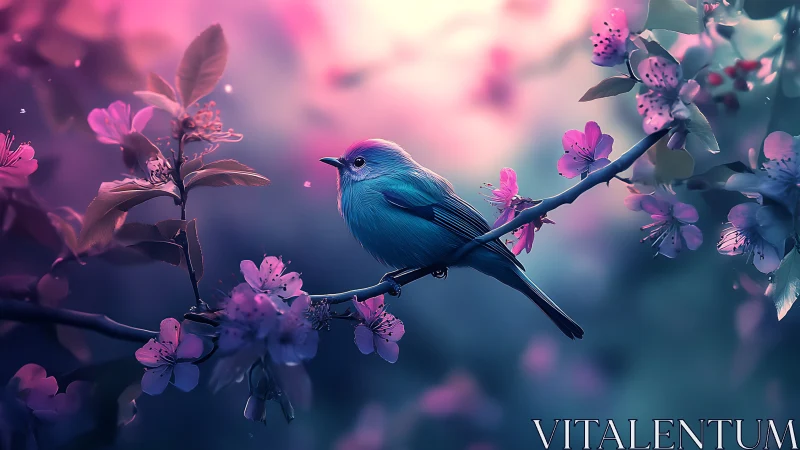 Chromatic songbird on bokeh-soaked blossom lattice branch.
