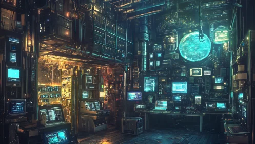 Neon data-core laboratory in dense cybernetic control vault.
