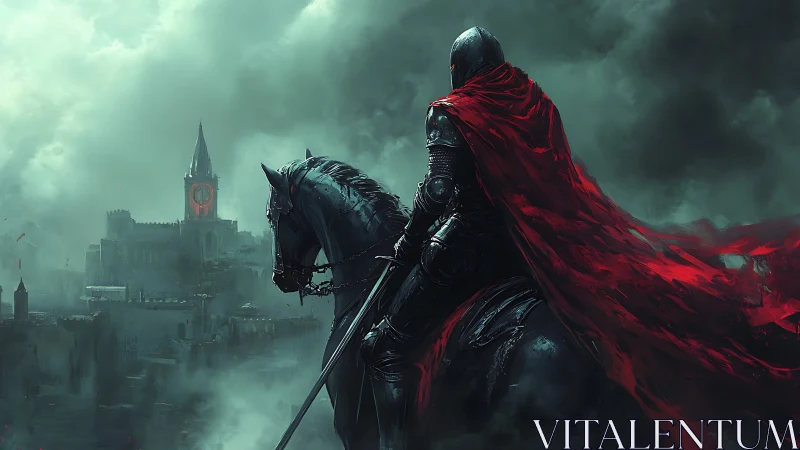 Lone dark knight on horseback riding toward a haunted crimson keep.