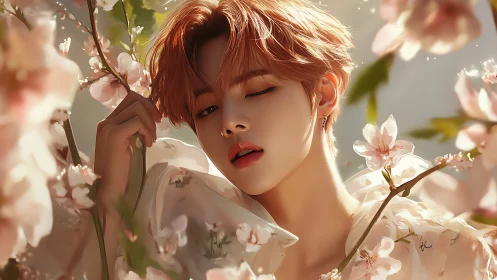 Ethereal portrait among blush blossoms in golden bokeh light.