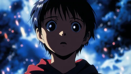 Anime boy stares forward with wide eyes against blue lights