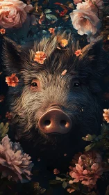Gentle wild boar framed by soft blossoms and evening light.