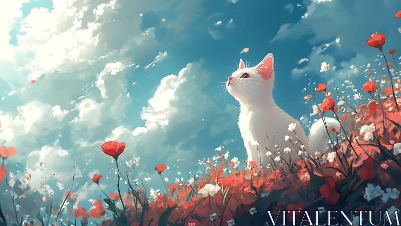 White Feline Subject in Chromatic Floral Field Under Azure Sky.