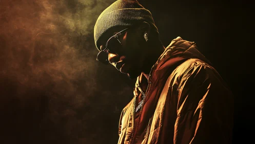 Moody portrait of man in hooded jacket and beanie.