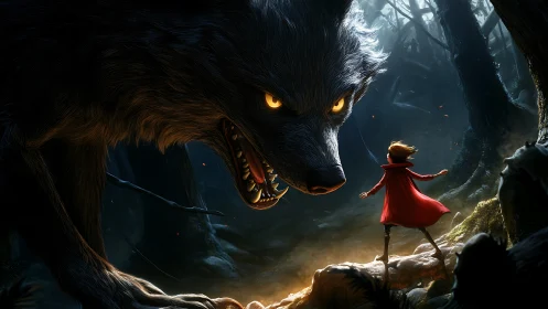 Digital painting showdown of girl in red cloak and giant wolf.