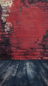 Red painted brick wall above dark wooden floorboards.