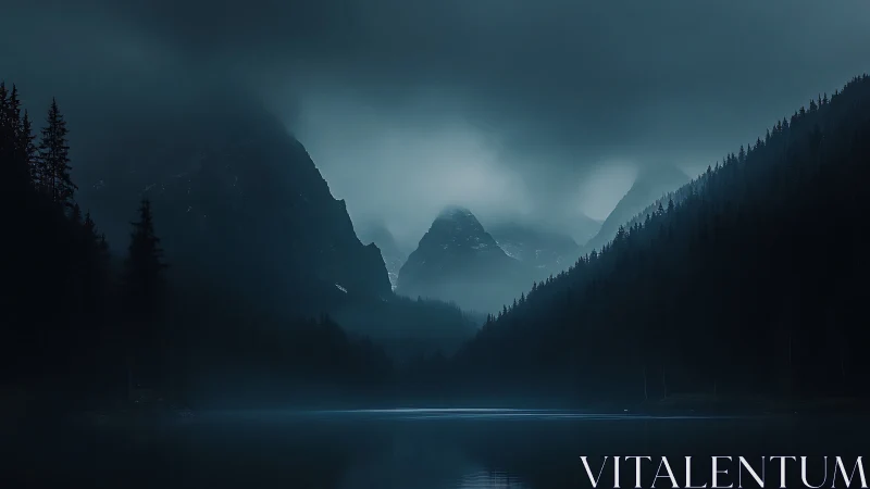 Moody misty mountains over dark forest lake at dusk.