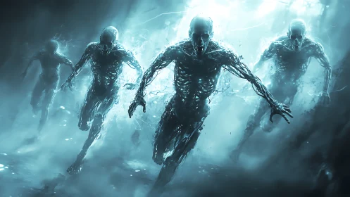 Spectral liquid phantoms charge through a glowing void.