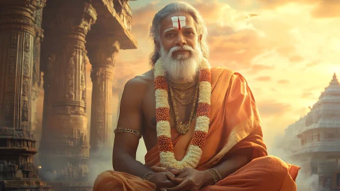 Hindu sage meditates before ancient temple at sunrise.
