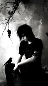 Solitary goth youth sits with black crow in misted ruins