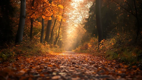 Golden sunlit forest path glowing with autumn foliage.