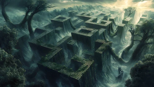 Mythic stone labyrinth rises through roaring spectral floods.