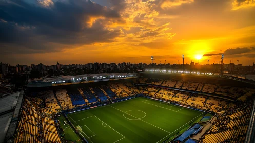 Sunset over illuminated football stadium in vibrant cityscape.