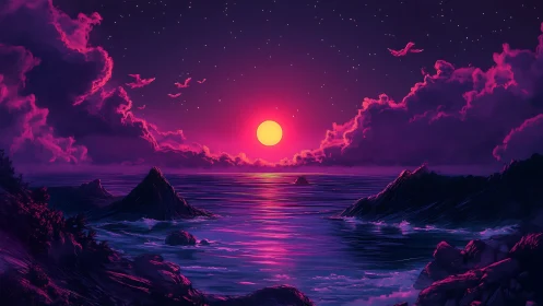 Vivid neon sunset over rocky ocean horizon and clouds.