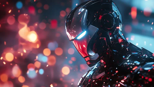 Chrome sentinel in ember-lit bokeh storm of neon resolve.