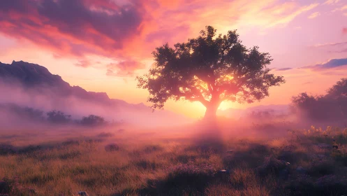 Solitary tree in misty grassland at low sun angle period.