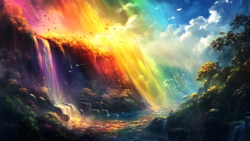 Prismatic waterfall cascades through a radiant fantasy valley