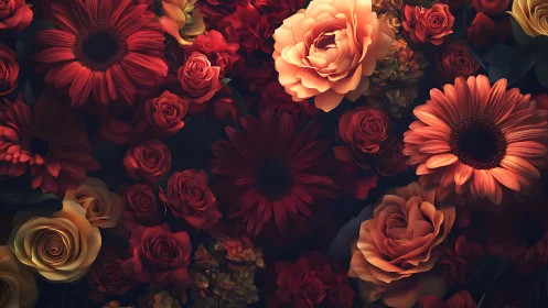 Red and Gold Floral Arrangement with Roses and Daisies.