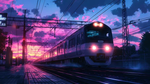 Electric commuter train departs urban platform under vivid sunset