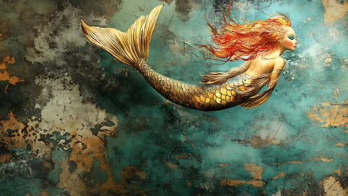 Mermaid figure rendered against distressed turquoise textured wall