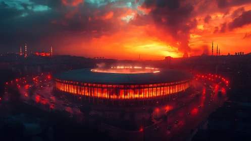 Fiery city stadium glows warmly beneath a dramatic sunset