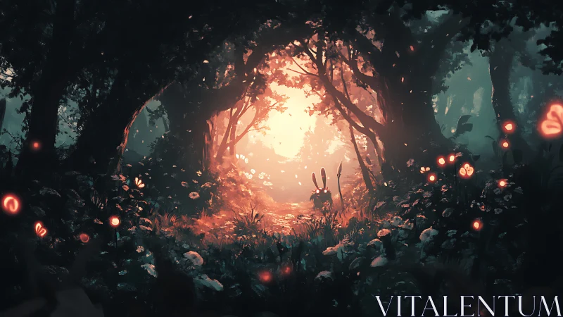 Forest tunnel with luminescent orbs and warm atmospheric lighting