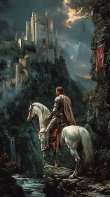 Epic fantasy knight on horseback before mist-shrouded citadel.